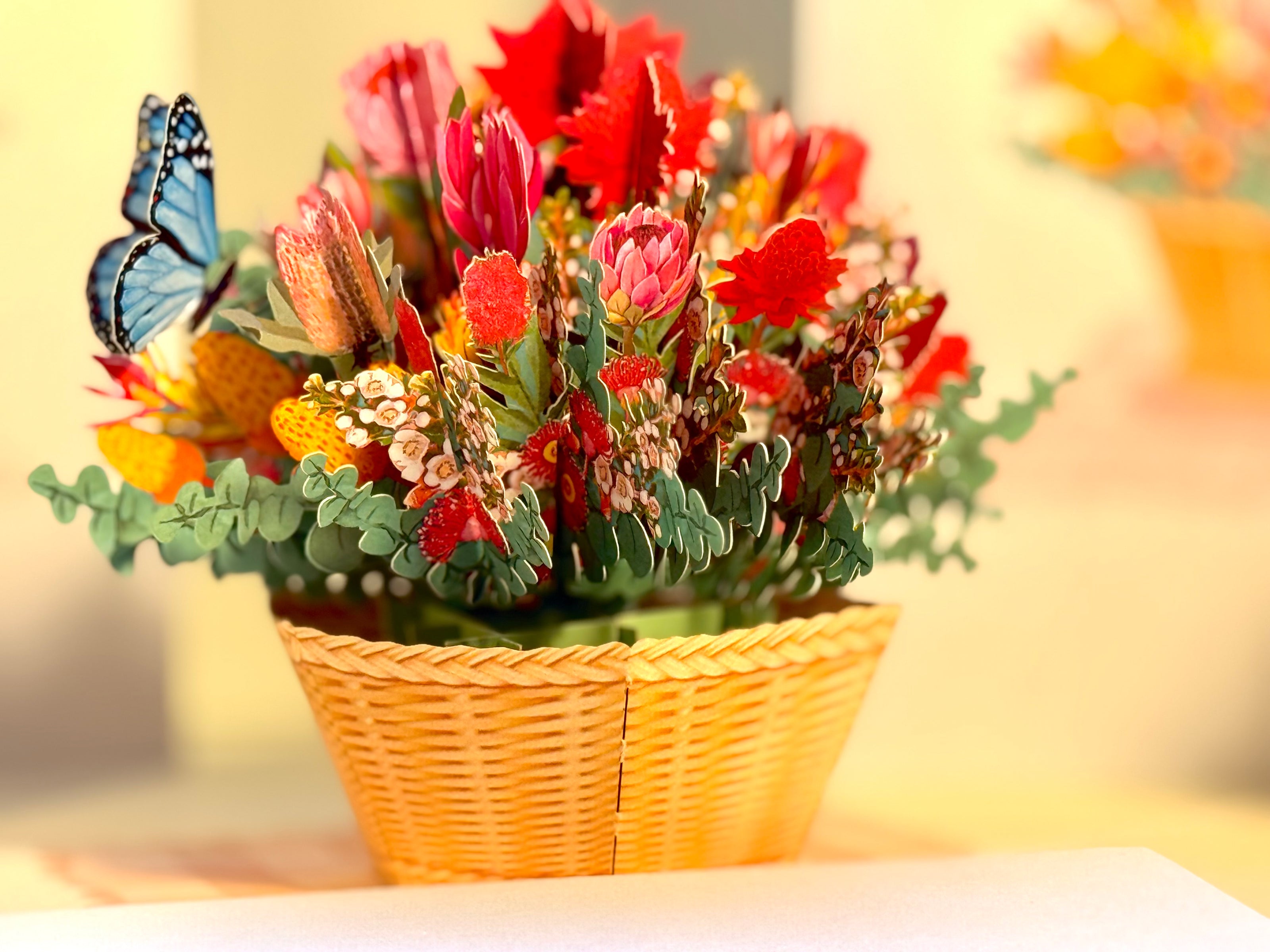 Australian Native Flower Basket with a Blue Butterfly Origami Pop Cards 3D Pop Up Greeting Card Happy Birthday Thank You Handmade Gift Thinking of You Blank Card for Any Occasion Happy Mother's Day Happy Father's Australiana Celebrate the Beauty of Flower