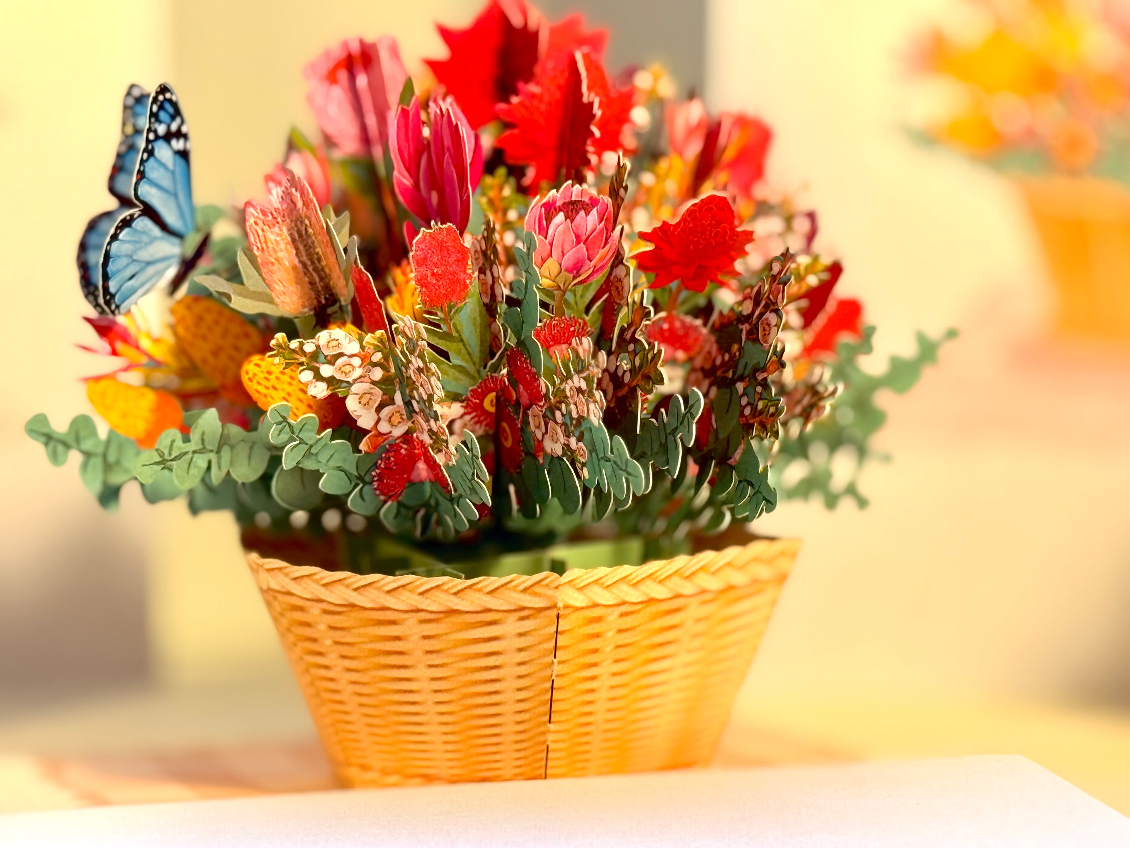 Australian Native Flower Basket with a Blue Butterfly Origami Pop Cards 3D Pop Up Greeting Card Happy Birthday Thank You Handmade Gift Thinking of You Blank Card for Any Occasion Happy Mother's Day Happy Father's Australiana Celebrate the Beauty of Flower