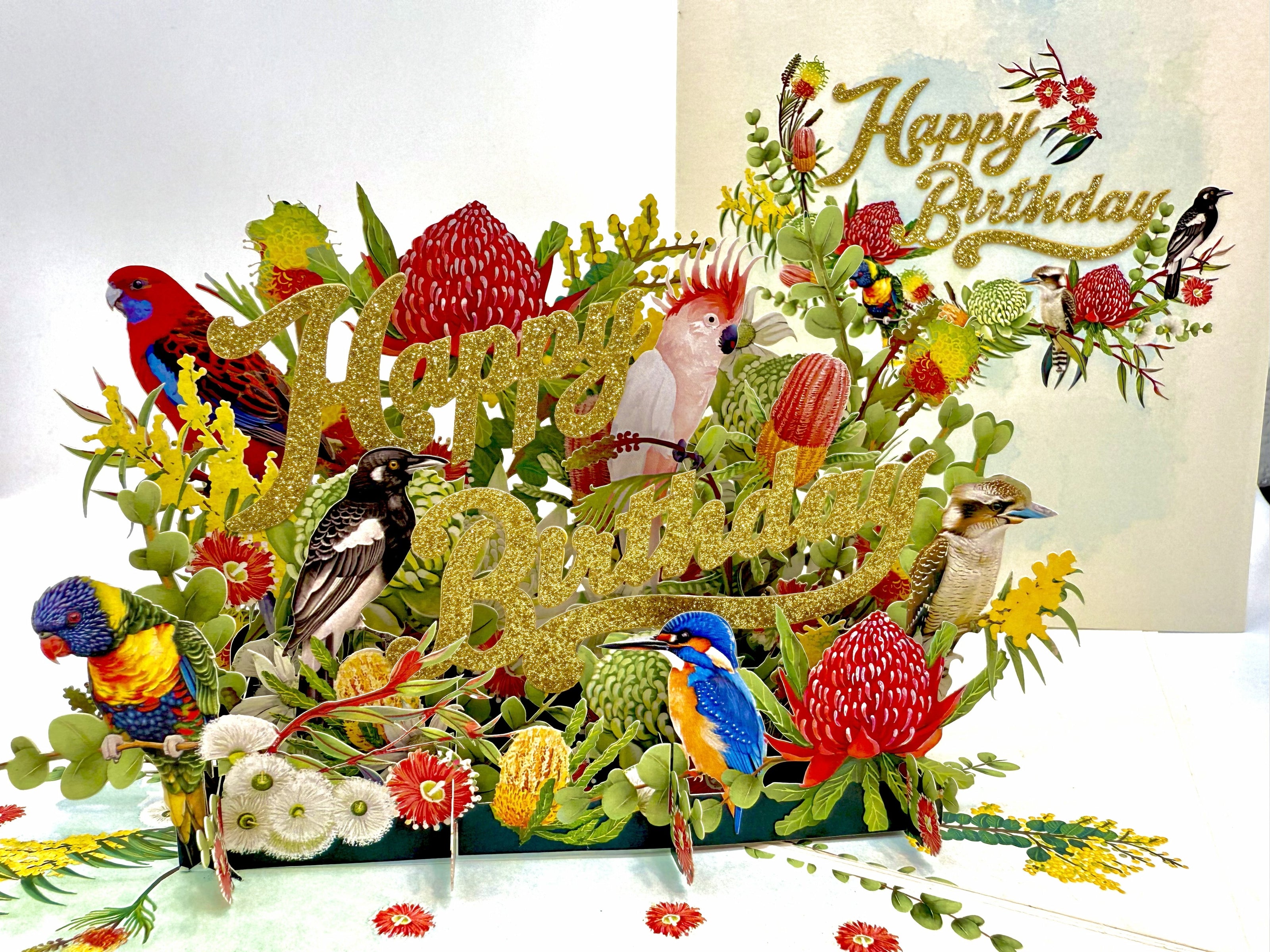 Australian Native Garden & Birds Happy Birthday Origami Pop Cards 3D Pop Up Greeting Card Thank You Handmade Gift Thinking of You Happy Birthday Occasion Australiana Celebrate the Beauty and Happiness During Special Day Best Wishes Gift