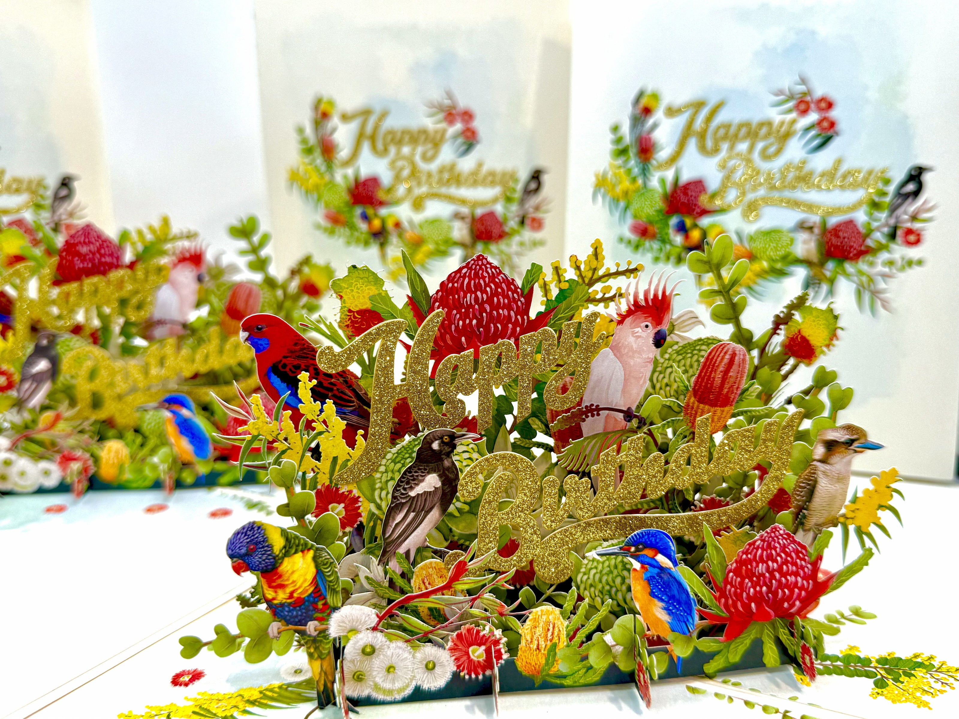 Australian Native Garden & Birds Happy Birthday Origami Pop Cards 3D Pop Up Greeting Card Thank You Handmade Gift Thinking of You Happy Birthday Occasion Australiana Celebrate the Beauty and Happiness During Special Day Best Wishes Gift