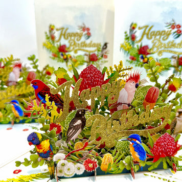 Australian Native Garden & Birds Happy Birthday Origami Pop Cards 3D Pop Up Greeting Card Thank You Handmade Gift Thinking of You Happy Birthday Occasion Australiana Celebrate the Beauty and Happiness During Special Day Best Wishes Gift