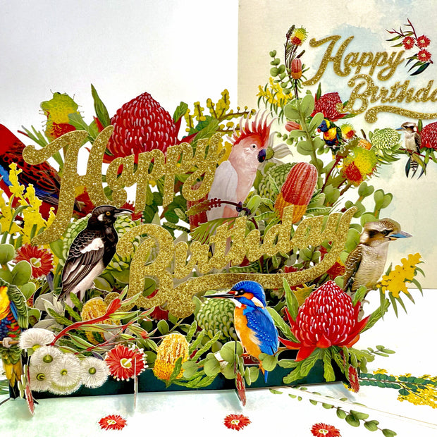 Australian Native Garden & Birds Happy Birthday Origami Pop Cards 3D Pop Up Greeting Card Thank You Handmade Gift Thinking of You Happy Birthday Occasion Australiana Celebrate the Beauty and Happiness During Special Day Best Wishes Gift