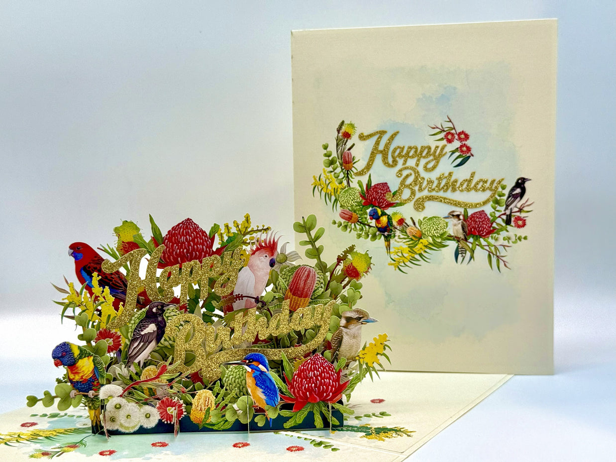 Australian Native Garden & Birds Happy Birthday Origami Pop Cards 3D Pop Up Greeting Card Thank You Handmade Gift Thinking of You Happy Birthday Occasion Australiana Celebrate the Beauty and Happiness During Special Day Best Wishes Gift
