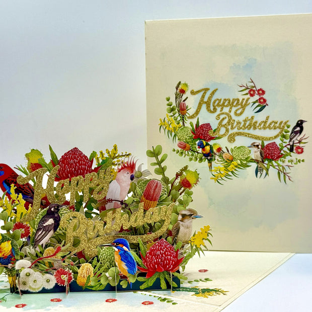 Australian Native Garden & Birds Happy Birthday Origami Pop Cards 3D Pop Up Greeting Card Thank You Handmade Gift Thinking of You Happy Birthday Occasion Australiana Celebrate the Beauty and Happiness During Special Day Best Wishes Gift