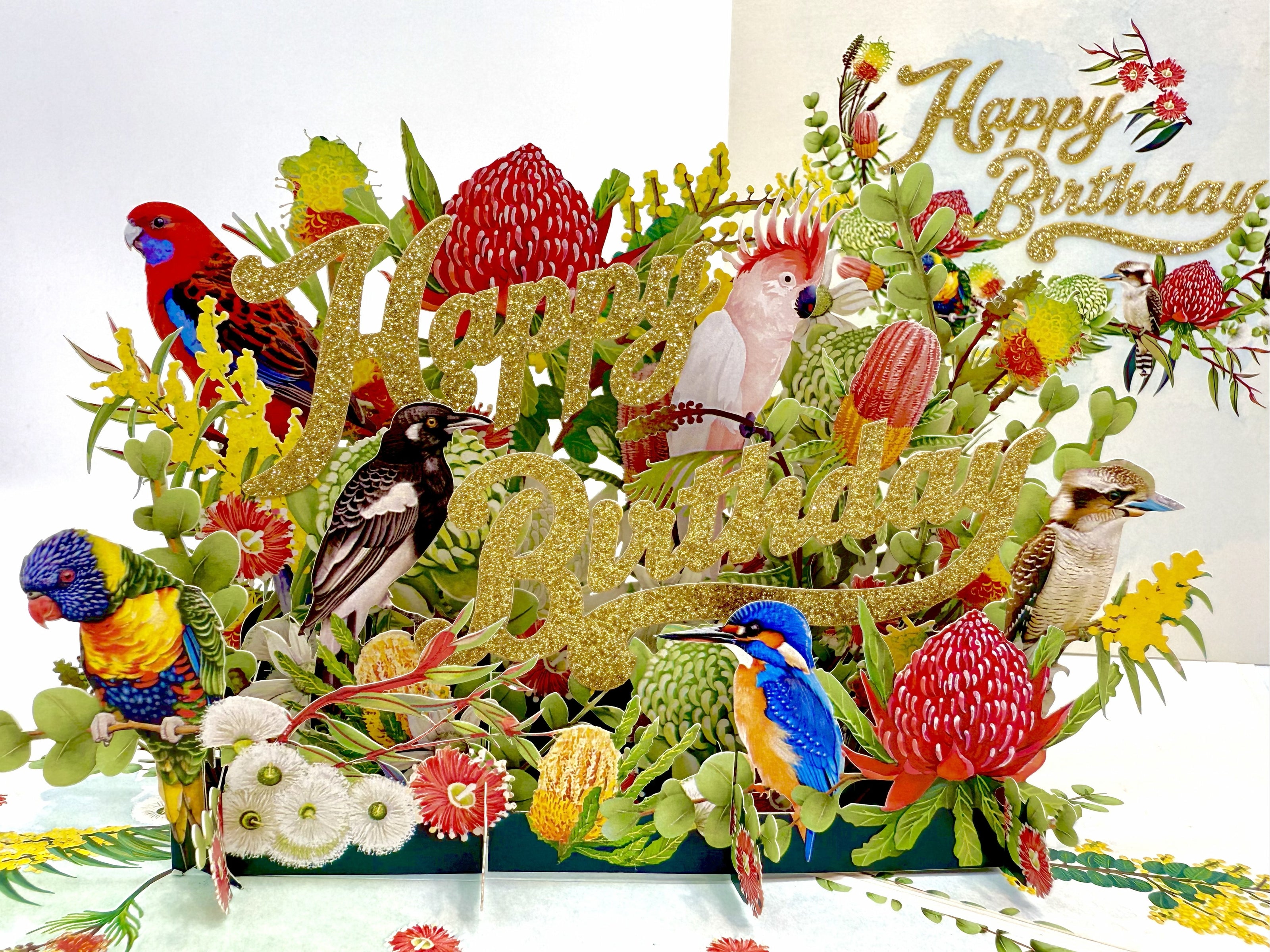 Australian Native Garden & Birds Happy Birthday Origami Pop Cards 3D Pop Up Greeting Card Thank You Handmade Gift Thinking of You Happy Birthday Occasion Australiana Celebrate the Beauty and Happiness During Special Day Best Wishes Gift