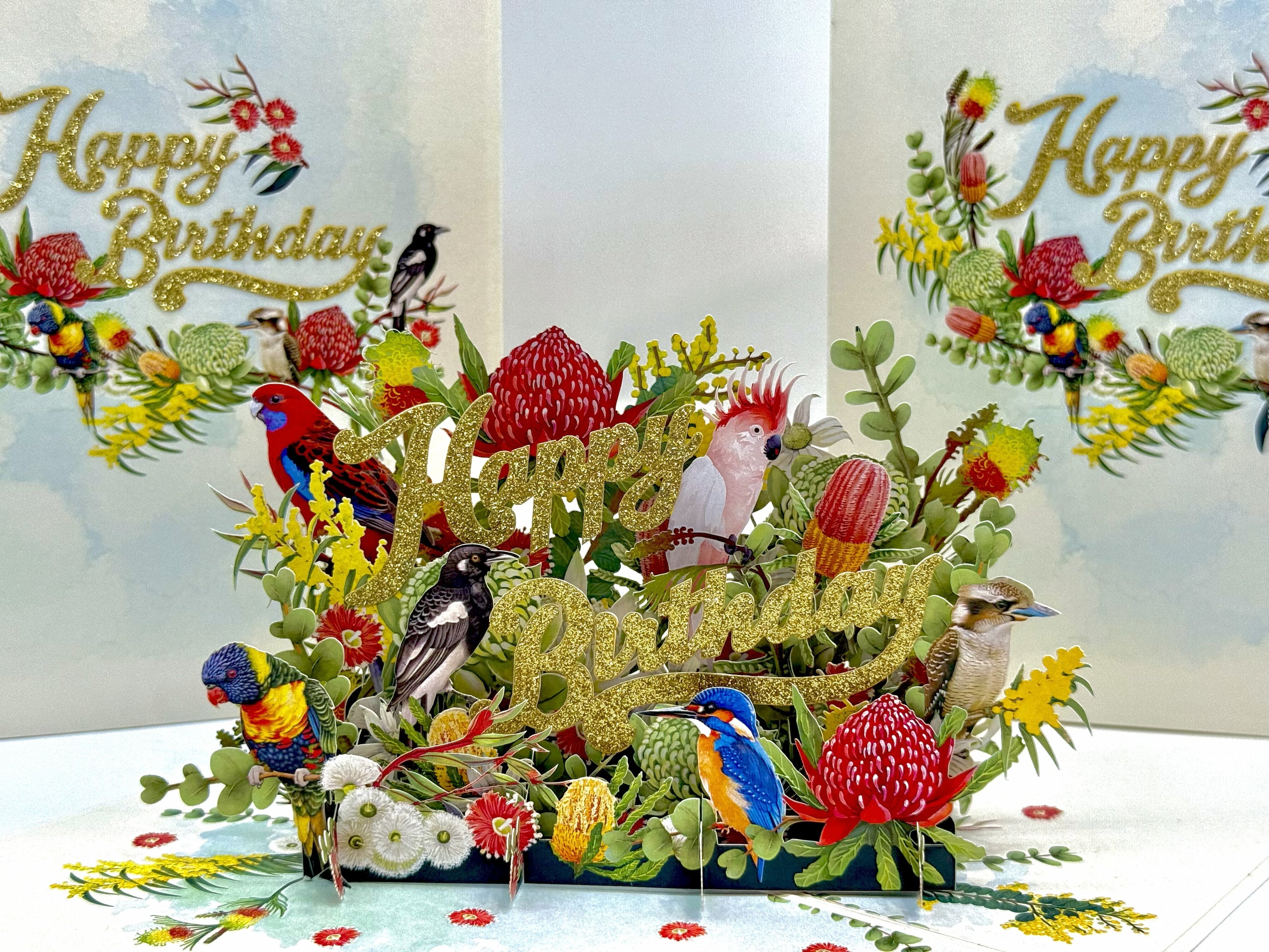 Australian Native Garden & Birds Happy Birthday Origami Pop Cards 3D Pop Up Greeting Card Thank You Handmade Gift Thinking of You Happy Birthday Occasion Australiana Celebrate the Beauty and Happiness During Special Day Best Wishes Gift