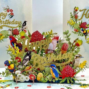 Australian Native Garden & Birds Happy Birthday Origami Pop Cards 3D Pop Up Greeting Card Thank You Handmade Gift Thinking of You Happy Birthday Occasion Australiana Celebrate the Beauty and Happiness During Special Day Best Wishes Gift