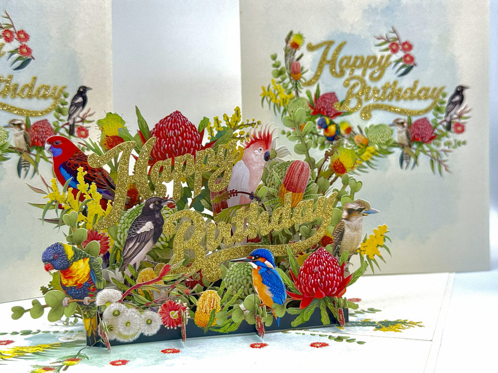 Australian Native Garden & Birds Happy Birthday Origami Pop Cards 3D Pop Up Greeting Card Thank You Handmade Gift Thinking of You Happy Birthday Occasion Australiana Celebrate the Beauty and Happiness During Special Day Best Wishes Gift