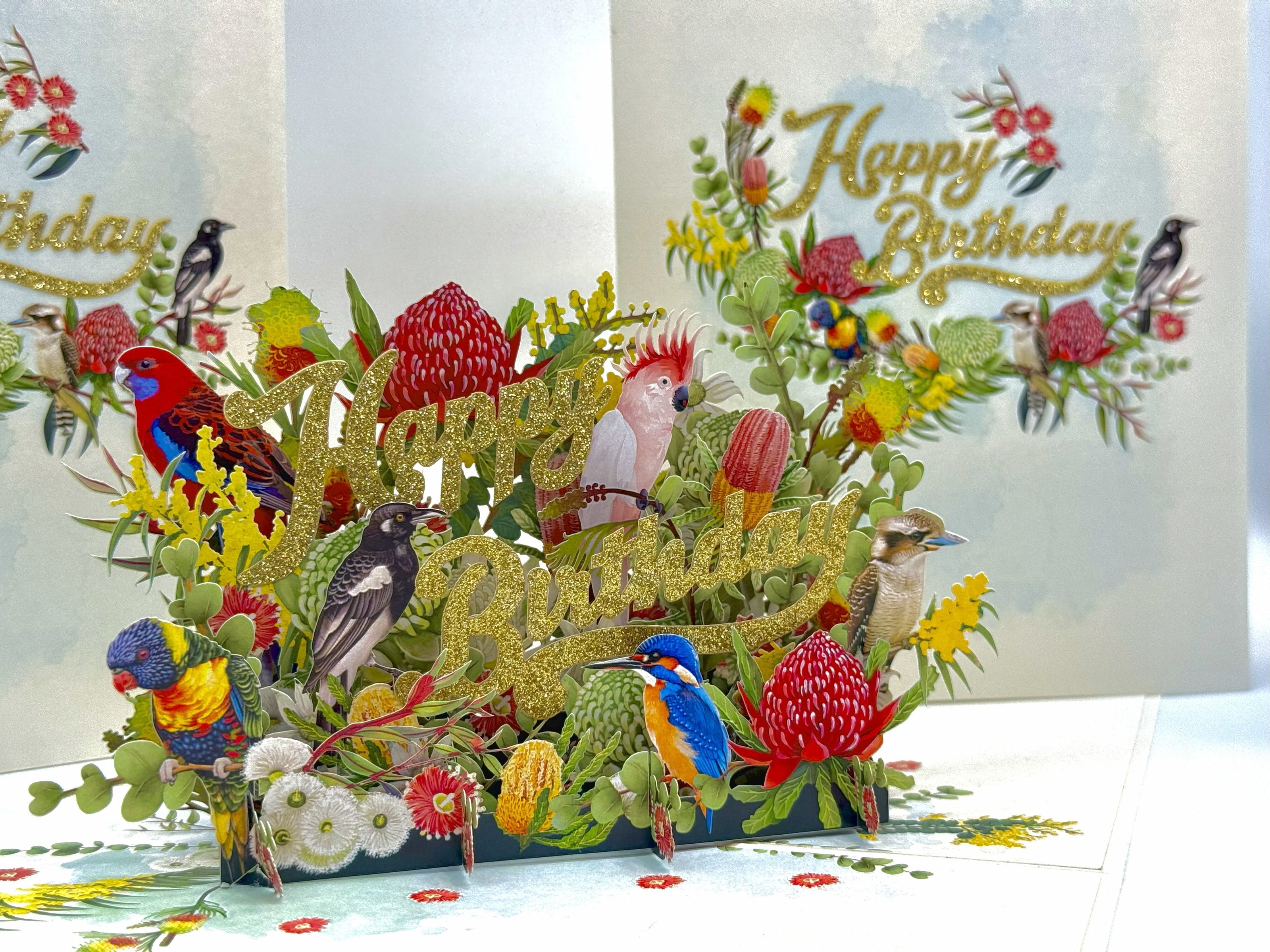 Australian Native Garden & Birds Happy Birthday Origami Pop Cards 3D Pop Up Greeting Card Thank You Handmade Gift Thinking of You Happy Birthday Occasion Australiana Celebrate the Beauty and Happiness During Special Day Best Wishes Gift