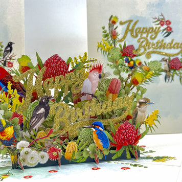 Australian Native Garden & Birds Happy Birthday Origami Pop Cards 3D Pop Up Greeting Card Thank You Handmade Gift Thinking of You Happy Birthday Occasion Australiana Celebrate the Beauty and Happiness During Special Day Best Wishes Gift