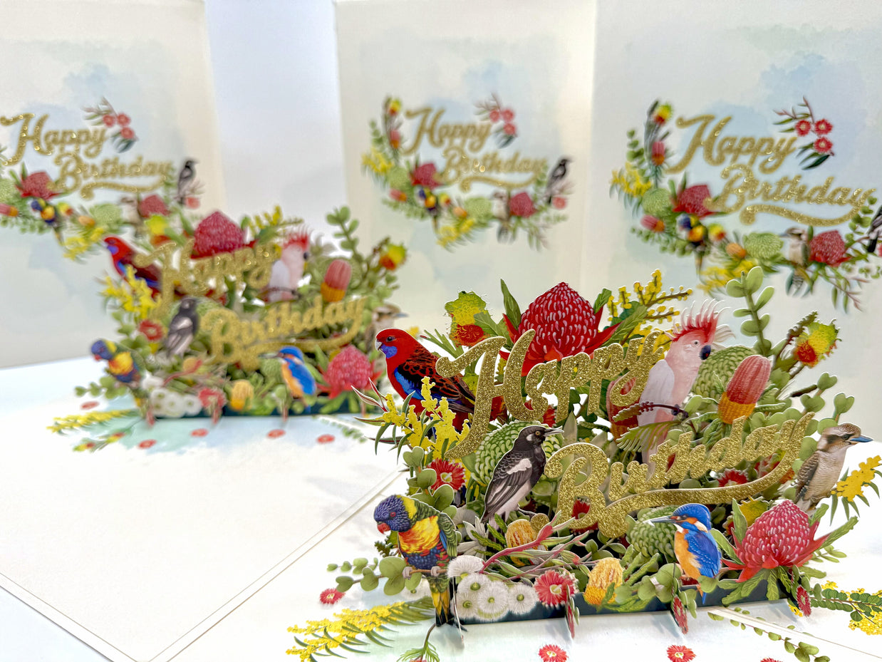 Australian Native Garden & Birds Happy Birthday Origami Pop Cards 3D Pop Up Greeting Card Thank You Handmade Gift Thinking of You Happy Birthday Occasion Australiana Celebrate the Beauty and Happiness During Special Day Best Wishes Gift