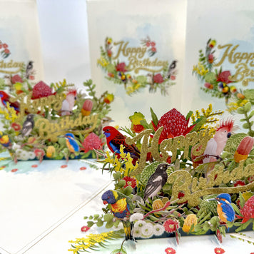 Australian Native Garden & Birds Happy Birthday Origami Pop Cards 3D Pop Up Greeting Card Thank You Handmade Gift Thinking of You Happy Birthday Occasion Australiana Celebrate the Beauty and Happiness During Special Day Best Wishes Gift