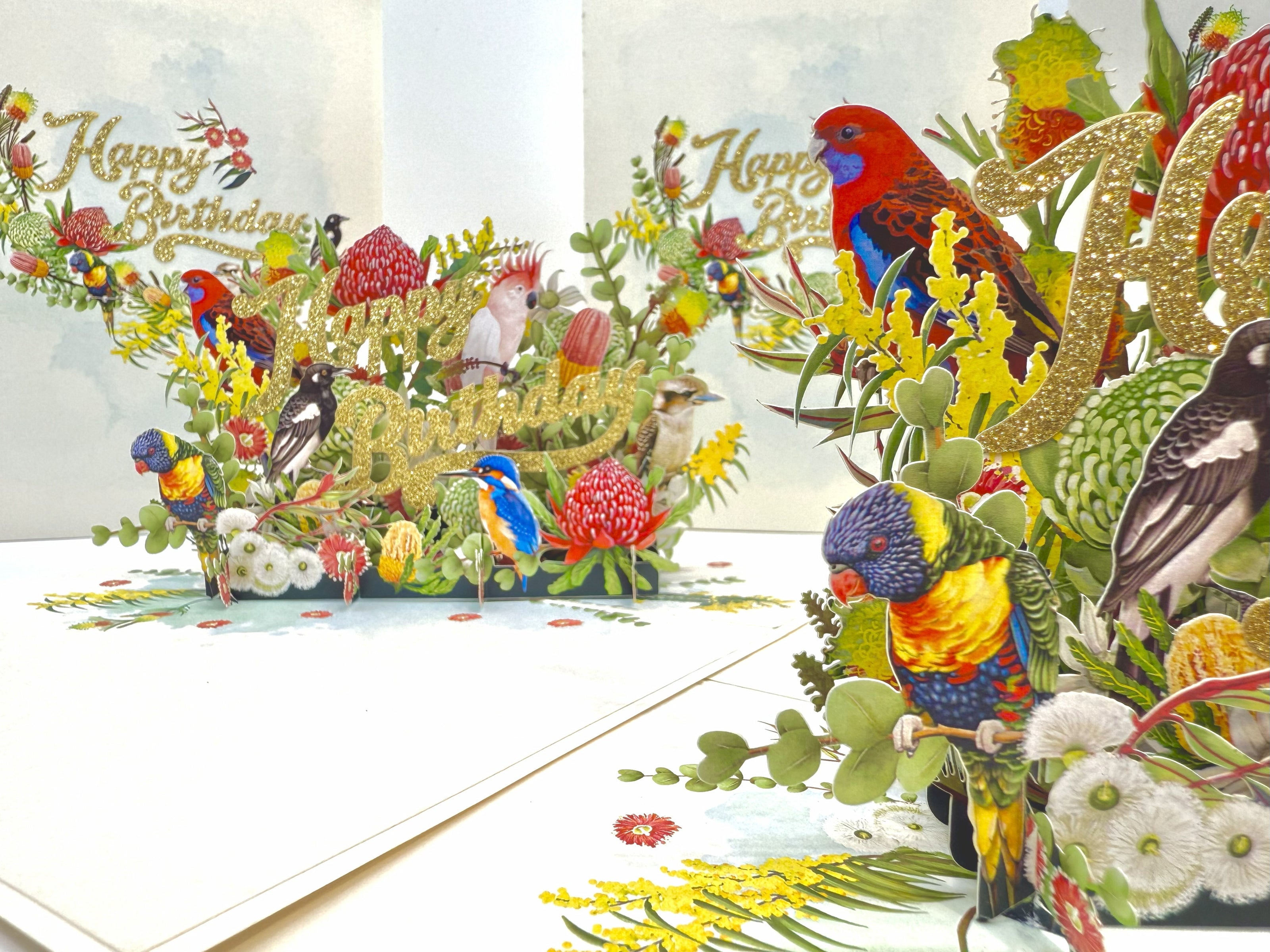 Australian Native Garden & Birds Happy Birthday Origami Pop Cards 3D Pop Up Greeting Card Thank You Handmade Gift Thinking of You Happy Birthday Occasion Australiana Celebrate the Beauty and Happiness During Special Day Best Wishes Gift