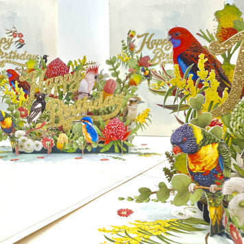 Australian Native Garden & Birds Happy Birthday Origami Pop Cards 3D Pop Up Greeting Card Thank You Handmade Gift Thinking of You Happy Birthday Occasion Australiana Celebrate the Beauty and Happiness During Special Day Best Wishes Gift