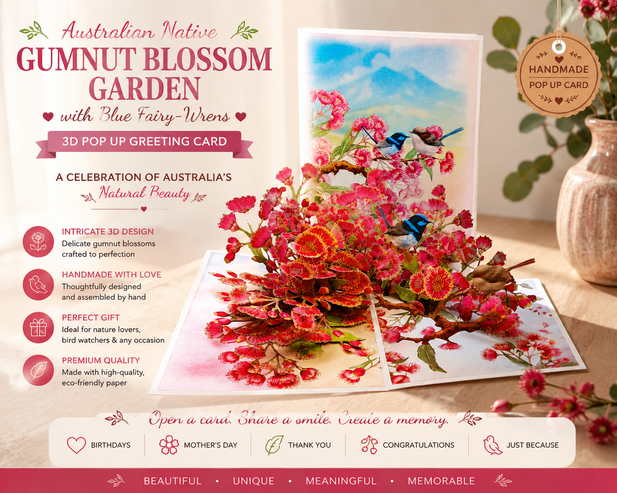 Australian Pink Native Gumnut Blossom Garden with Blue Fairy-Wrens Origami Pop Cards 3D Pop Up Greeting Card Best Wishes Happy Birthday Gift Thank You Handmade Blank Card for Any Occasion Happy Mother's Day Happy Mother's Day Celebrate Beauty of Flower