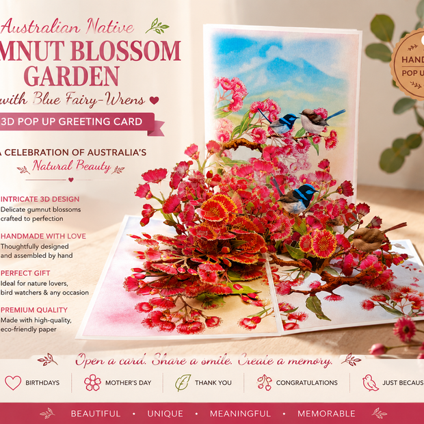 Australian Pink Native Gumnut Blossom Garden with Blue Fairy-Wrens Origami Pop Cards 3D Pop Up Greeting Card Best Wishes Happy Birthday Gift Thank You Handmade Blank Card for Any Occasion Happy Mother's Day Happy Mother's Day Celebrate Beauty of Flower