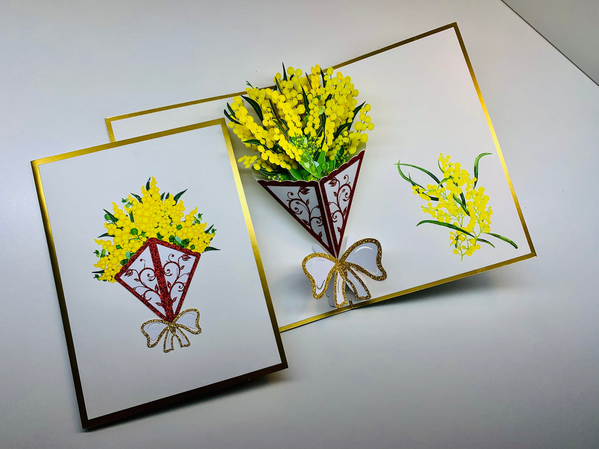 Luxury Australian Golden Wattle Bouquet Embossed in Gold Origami Pop Cards 3D Pop Up Greeting Card Happy Birthday Thank You Handmade Gift Thinking of You Blank Card for Any Occasion Happy Mother's Day Happy Father's Australiana Celebrate and Romantic
