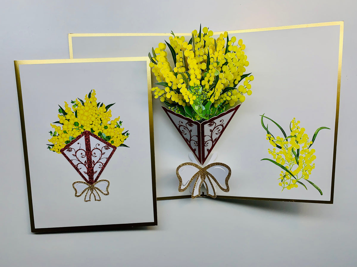 Luxury Australian Golden Wattle Bouquet Embossed in Gold Origami Pop Cards 3D Pop Up Greeting Card Happy Birthday Thank You Handmade Gift Thinking of You Blank Card for Any Occasion Happy Mother's Day Happy Father's Australiana Celebrate and Romantic