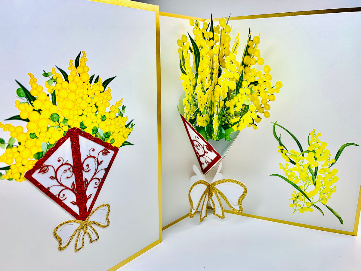 Luxury Australian Golden Wattle Bouquet Embossed in Gold Origami Pop Cards 3D Pop Up Greeting Card Happy Birthday Thank You Handmade Gift Thinking of You Blank Card for Any Occasion Happy Mother's Day Happy Father's Australiana Celebrate and Romantic