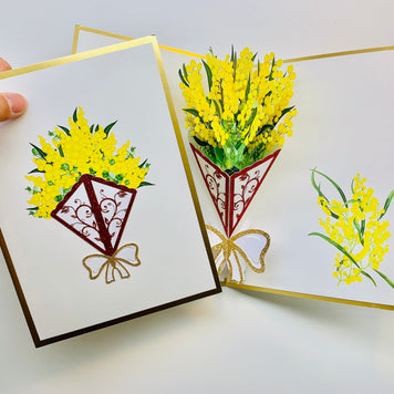 Luxury Australian Golden Wattle Bouquet Embossed in Gold Origami Pop Cards 3D Pop Up Greeting Card Happy Birthday Thank You Handmade Gift Thinking of You Blank Card for Any Occasion Happy Mother's Day Happy Father's Australiana Celebrate and Romantic