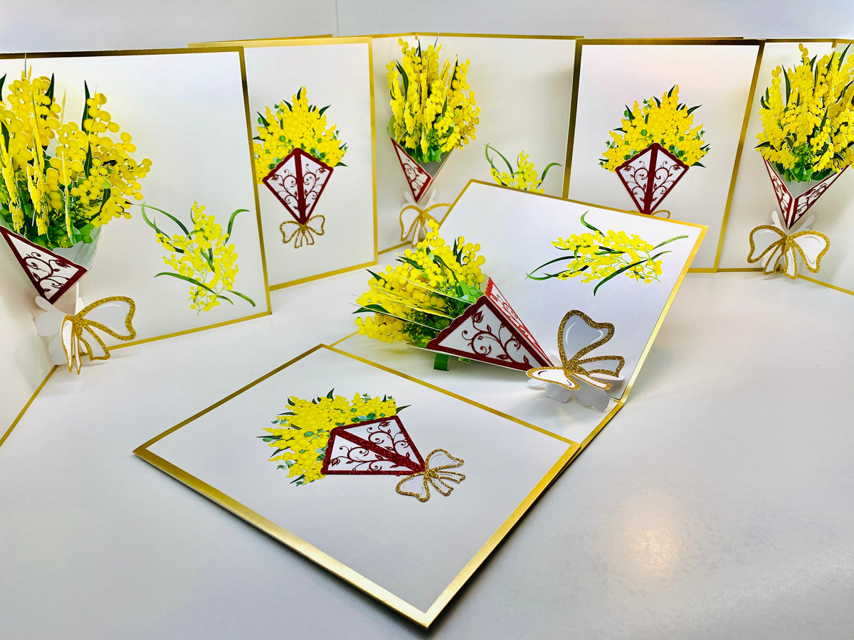 Luxury Australian Golden Wattle Bouquet Embossed in Gold Origami Pop Cards 3D Pop Up Greeting Card Happy Birthday Thank You Handmade Gift Thinking of You Blank Card for Any Occasion Happy Mother's Day Happy Father's Australiana Celebrate and Romantic