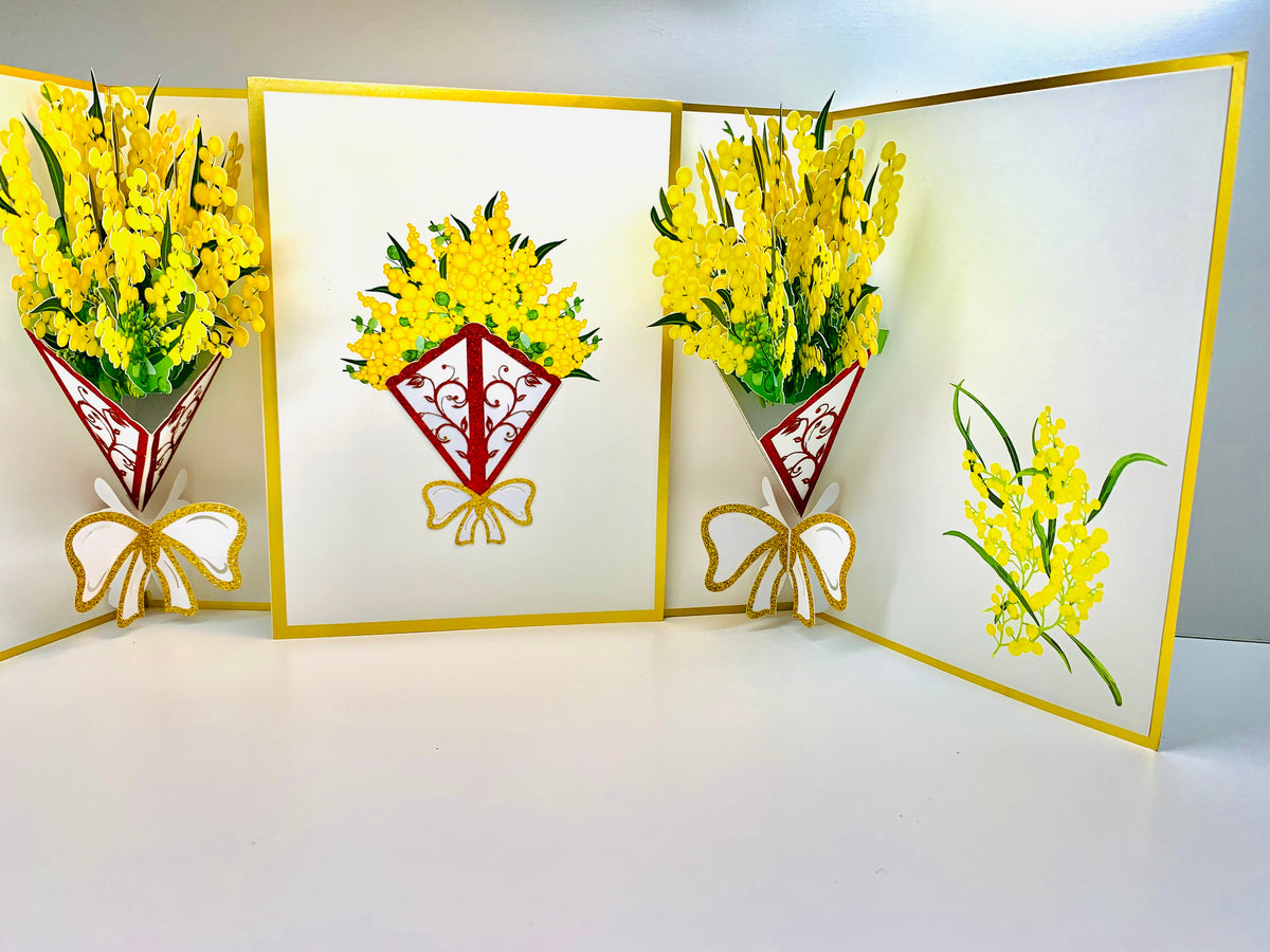 Luxury Australian Golden Wattle Bouquet Embossed in Gold Origami Pop Cards 3D Pop Up Greeting Card Happy Birthday Thank You Handmade Gift Thinking of You Blank Card for Any Occasion Happy Mother's Day Happy Father's Australiana Celebrate and Romantic