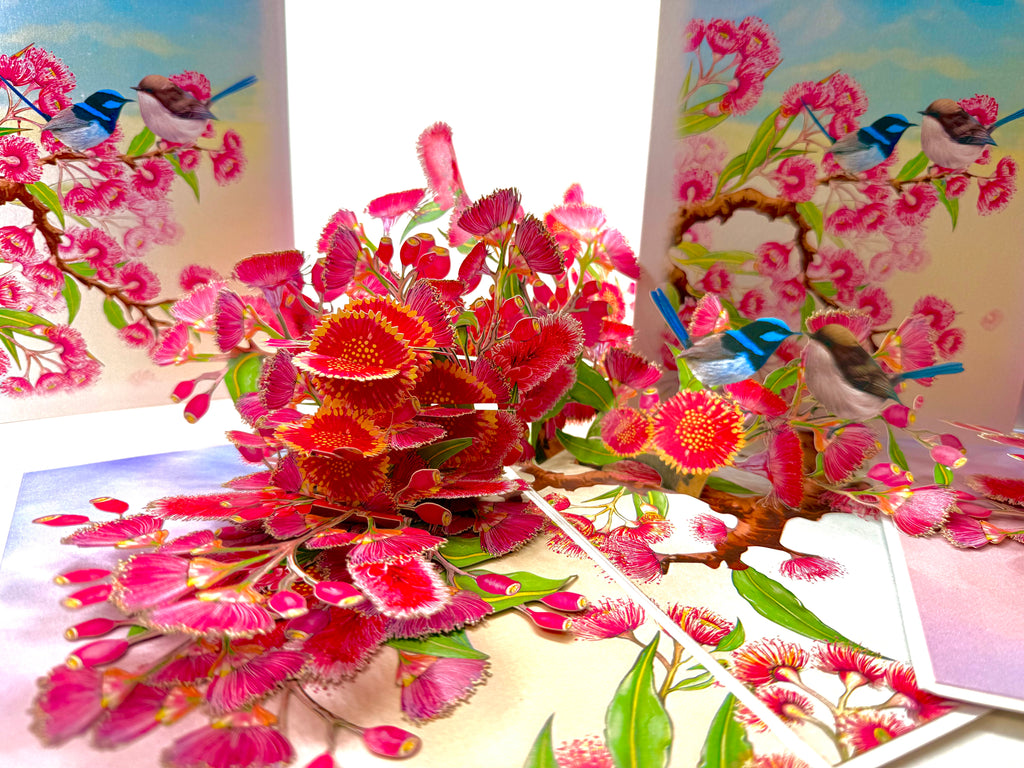 Australian Pink Native Gumnut Blossom Garden with Blue Fairy-Wrens Origami Pop Cards 3D Pop Up Greeting Card Best Wishes Happy Birthday Gift Thank You Handmade Blank Card for Any Occasion Happy Mother's Day Happy Mother's Day Celebrate Beauty of Flower