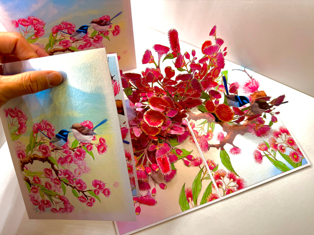 Australian Pink Native Gumnut Blossom Garden with Blue Fairy-Wrens Origami Pop Cards 3D Pop Up Greeting Card Best Wishes Happy Birthday Gift Thank You Handmade Blank Card for Any Occasion Happy Mother's Day Happy Mother's Day Celebrate Beauty of Flower