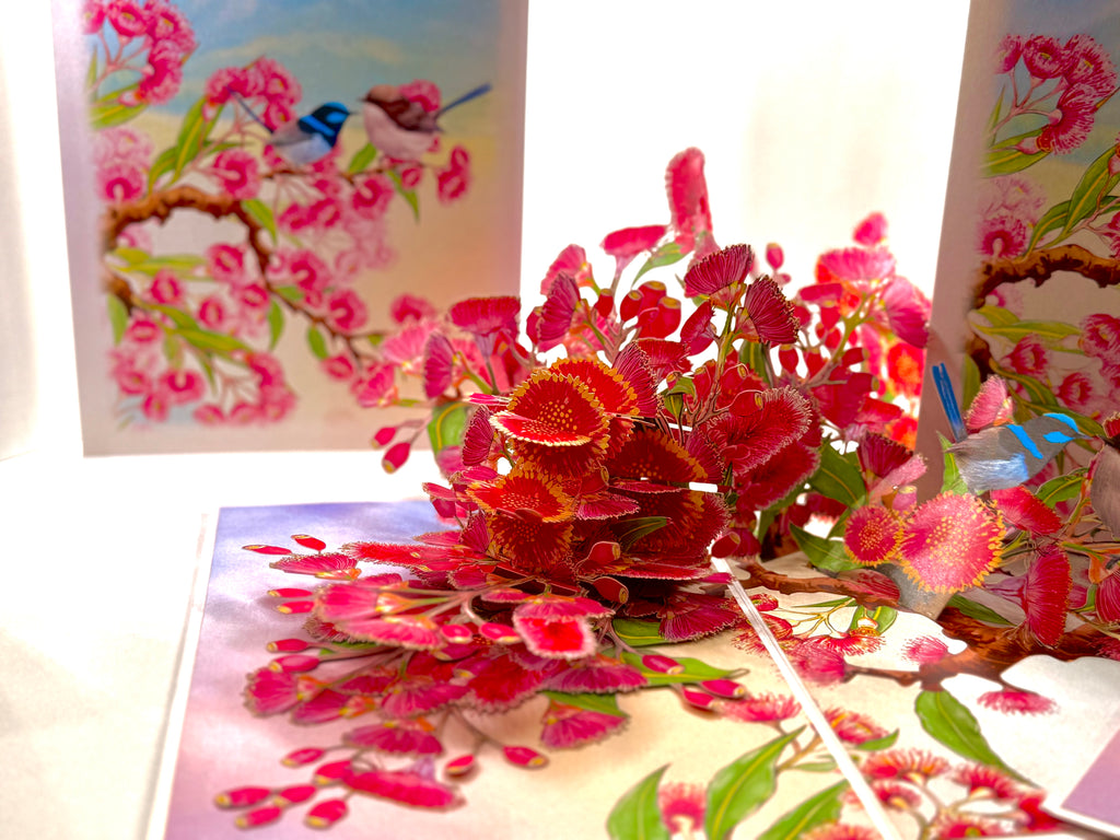 Australian Pink Native Gumnut Blossom Garden with Blue Fairy-Wrens Origami Pop Cards 3D Pop Up Greeting Card Best Wishes Happy Birthday Gift Thank You Handmade Blank Card for Any Occasion Happy Mother's Day Happy Mother's Day Celebrate Beauty of Flower