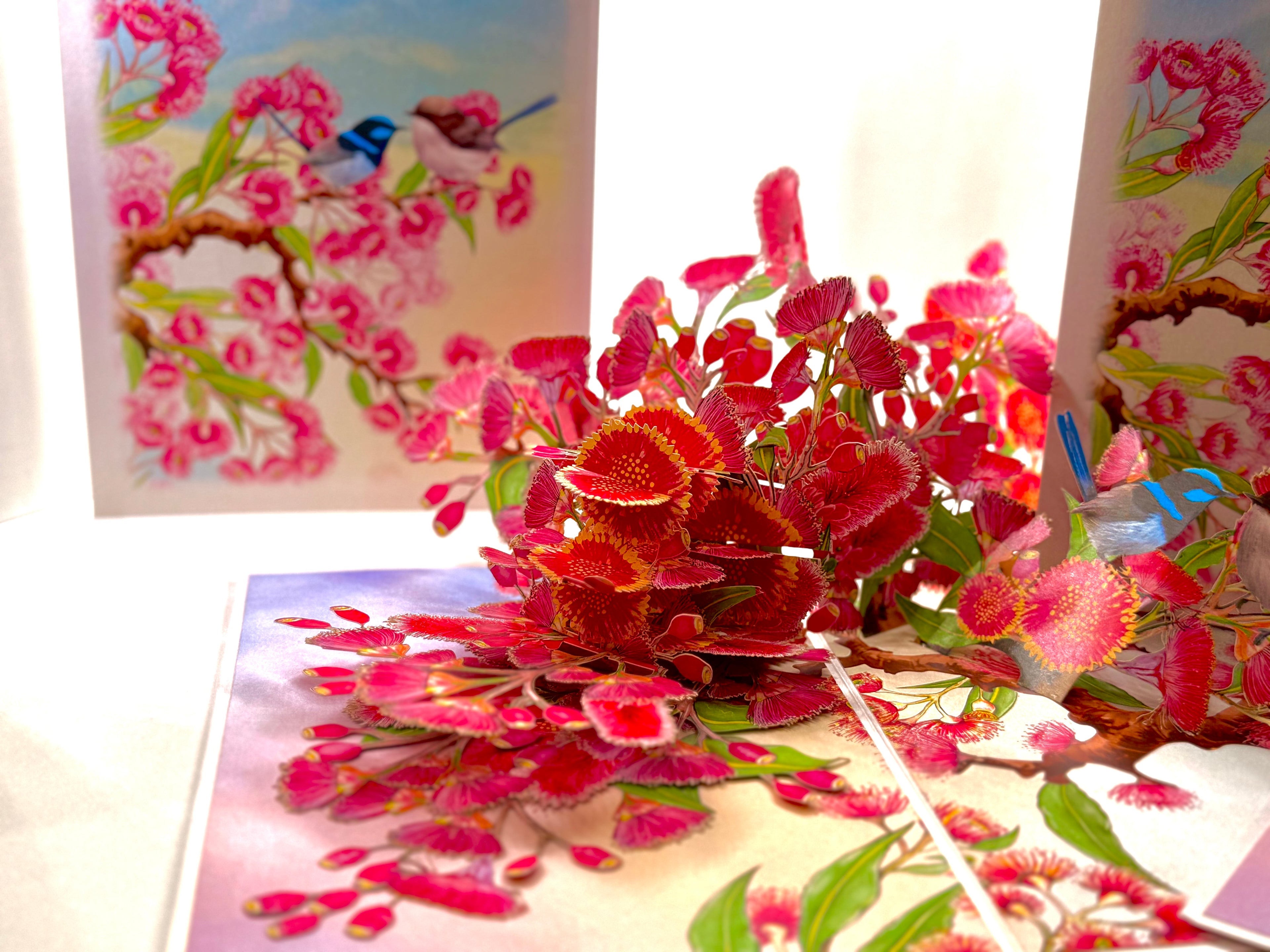 Australian Pink Native Gumnut Blossom Garden with Blue Fairy-Wrens Origami Pop Cards 3D Pop Up Greeting Card Best Wishes Happy Birthday Gift Thank You Handmade Blank Card for Any Occasion Happy Mother's Day Happy Mother's Day Celebrate Beauty of Flower
