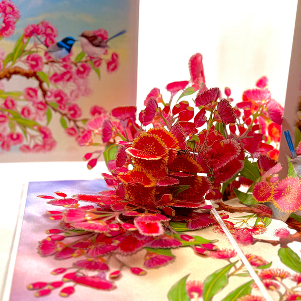 Australian Pink Native Gumnut Blossom Garden with Blue Fairy-Wrens Origami Pop Cards 3D Pop Up Greeting Card Best Wishes Happy Birthday Gift Thank You Handmade Blank Card for Any Occasion Happy Mother's Day Happy Mother's Day Celebrate Beauty of Flower