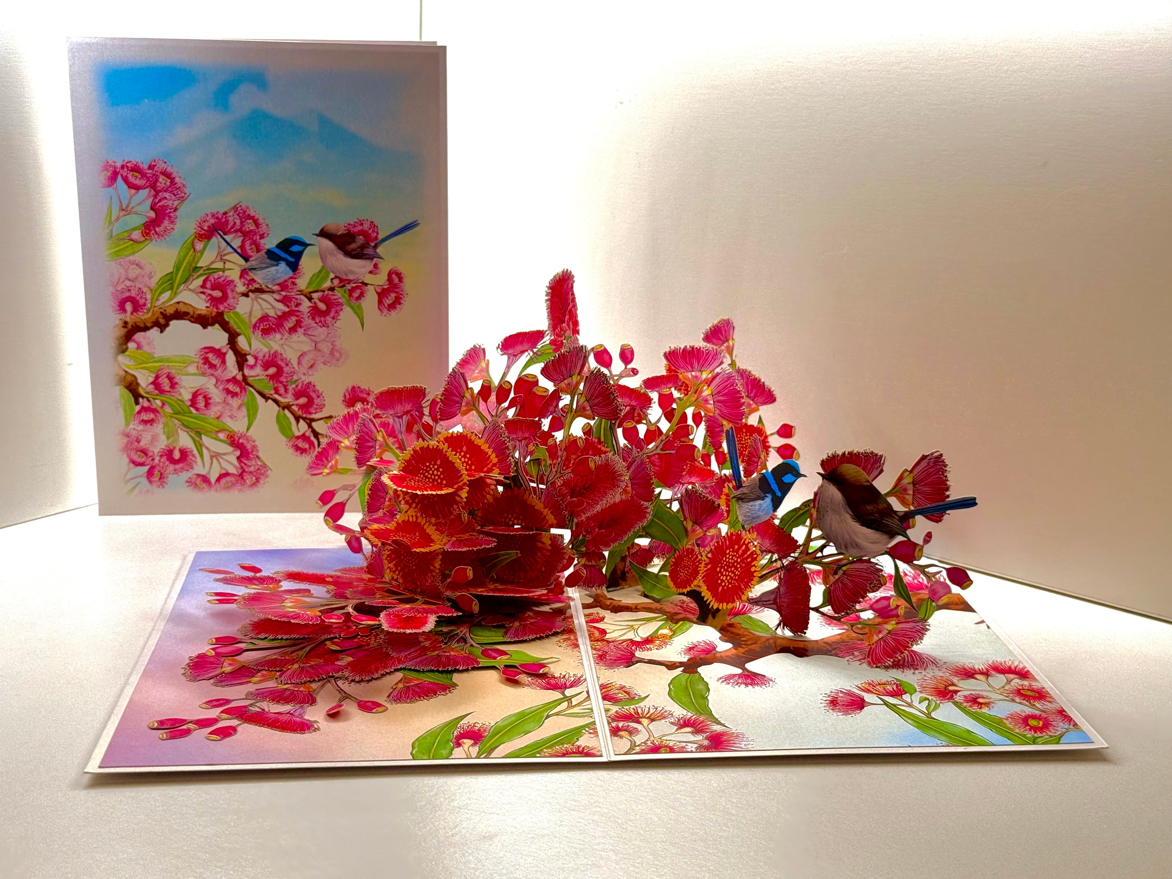 Australian Pink Native Gumnut Blossom Garden with Blue Fairy-Wrens Origami Pop Cards 3D Pop Up Greeting Card Best Wishes Happy Birthday Gift Thank You Handmade Blank Card for Any Occasion Happy Mother's Day Happy Mother's Day Celebrate Beauty of Flower