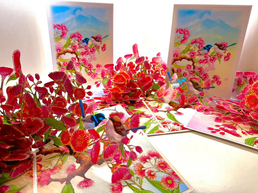 Australian Pink Native Gumnut Blossom Garden with Blue Fairy-Wrens Origami Pop Cards 3D Pop Up Greeting Card Best Wishes Happy Birthday Gift Thank You Handmade Blank Card for Any Occasion Happy Mother's Day Happy Mother's Day Celebrate Beauty of Flower