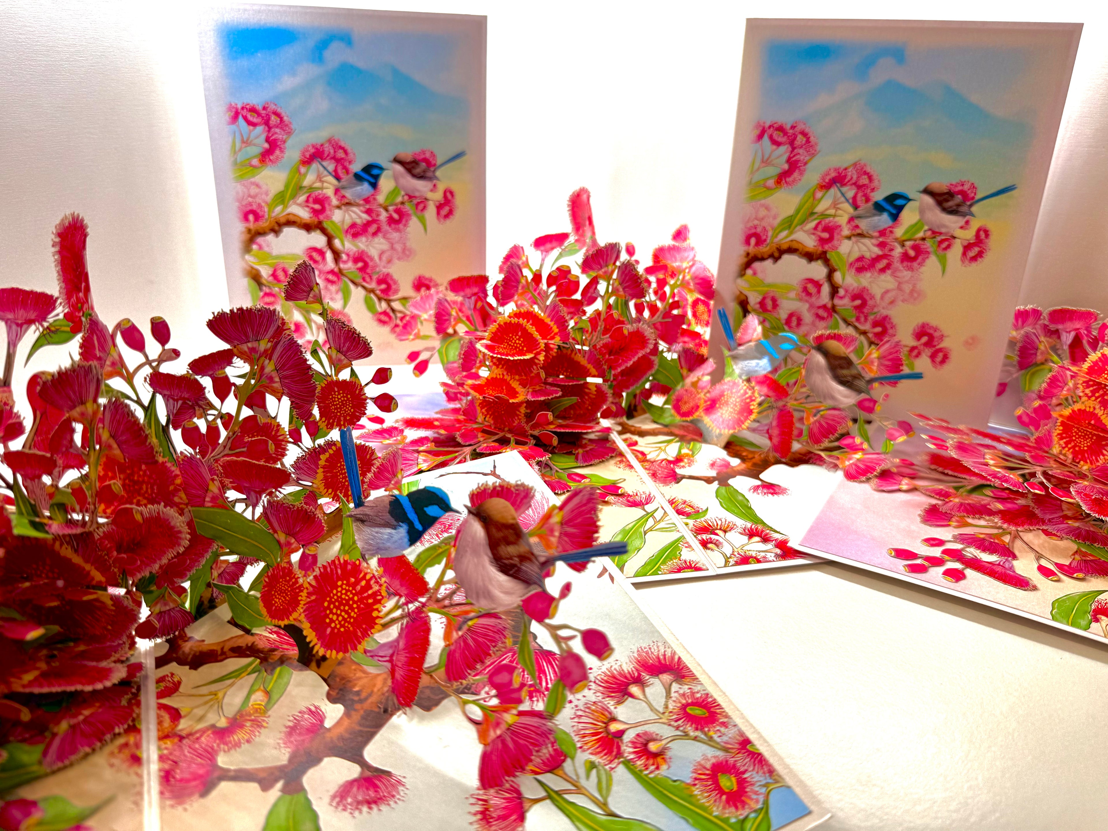 Australian Pink Native Gumnut Blossom Garden with Blue Fairy-Wrens Origami Pop Cards 3D Pop Up Greeting Card Best Wishes Happy Birthday Gift Thank You Handmade Blank Card for Any Occasion Happy Mother's Day Happy Mother's Day Celebrate Beauty of Flower