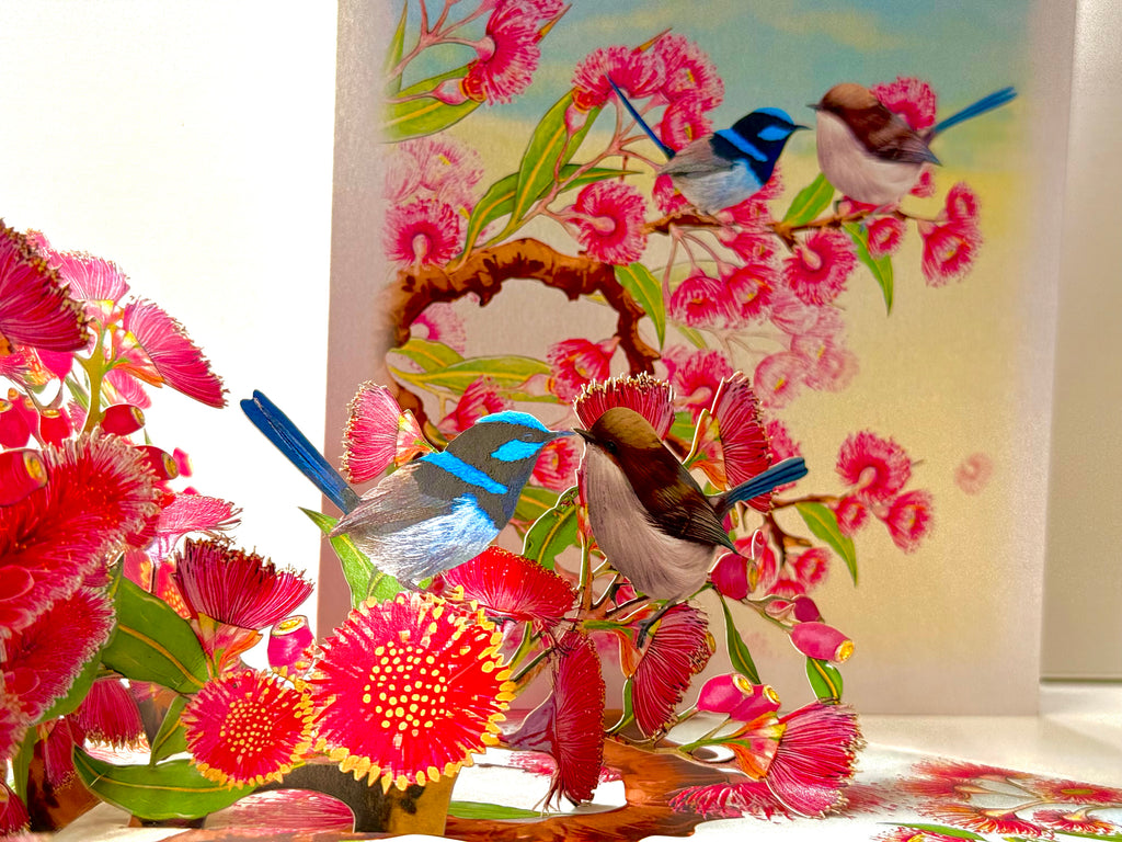 Australian Pink Native Gumnut Blossom Garden with Blue Fairy-Wrens Origami Pop Cards 3D Pop Up Greeting Card Best Wishes Happy Birthday Gift Thank You Handmade Blank Card for Any Occasion Happy Mother's Day Happy Mother's Day Celebrate Beauty of Flower