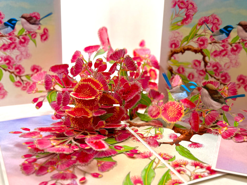 Australian Pink Native Gumnut Blossom Garden with Blue Fairy-Wrens Origami Pop Cards 3D Pop Up Greeting Card Best Wishes Happy Birthday Gift Thank You Handmade Blank Card for Any Occasion Happy Mother's Day Happy Mother's Day Celebrate Beauty of Flower