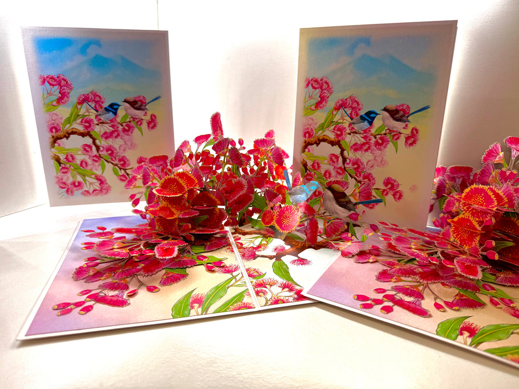 Australian Pink Native Gumnut Blossom Garden with Blue Fairy-Wrens Origami Pop Cards 3D Pop Up Greeting Card Best Wishes Happy Birthday Gift Thank You Handmade Blank Card for Any Occasion Happy Mother's Day Happy Mother's Day Celebrate Beauty of Flower