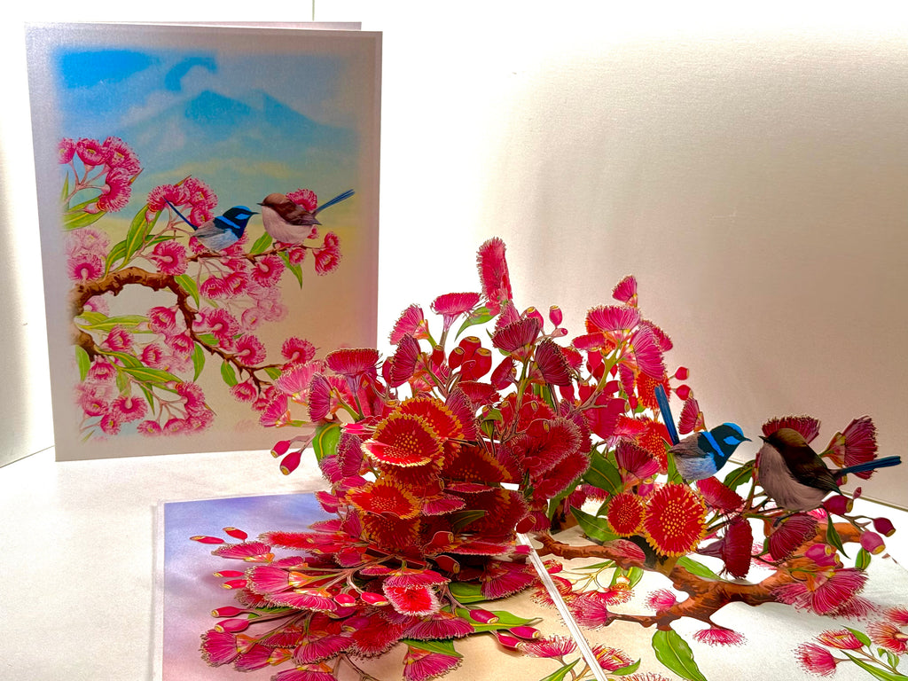 Australian Pink Native Gumnut Blossom Garden with Blue Fairy-Wrens Origami Pop Cards 3D Pop Up Greeting Card Best Wishes Happy Birthday Gift Thank You Handmade Blank Card for Any Occasion Happy Mother's Day Happy Mother's Day Celebrate Beauty of Flower