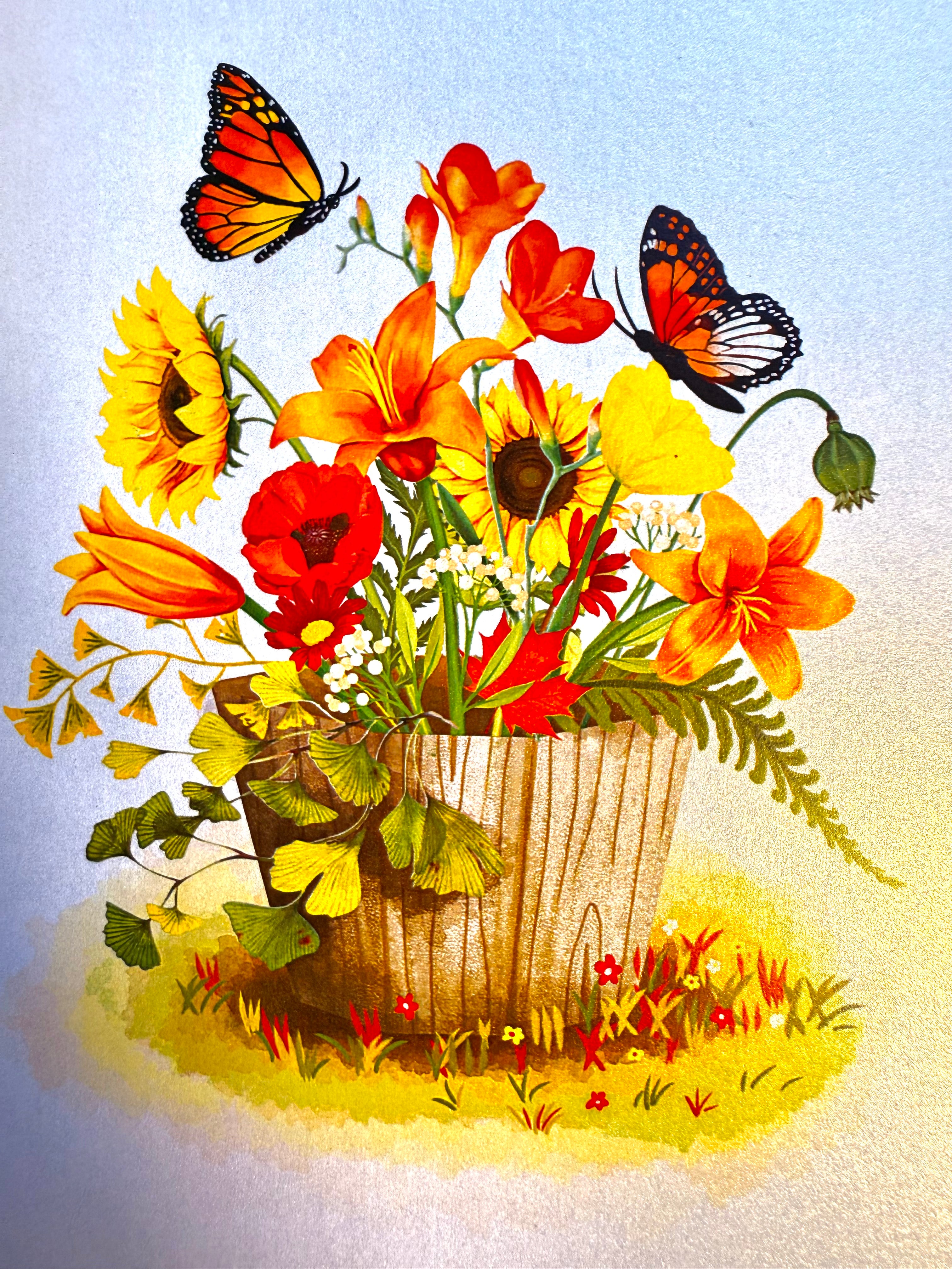 Autumn Flowers in Bucket with Butterflies Origami Pop Cards 3D Pop Up Greeting Card Happy Birthday Thank You Handmade Gift Thinking of You Blank Card for Any Occasion Happy Mother's Day Happy Father's Australiana Celebrate the Beauty of Autumn Flower