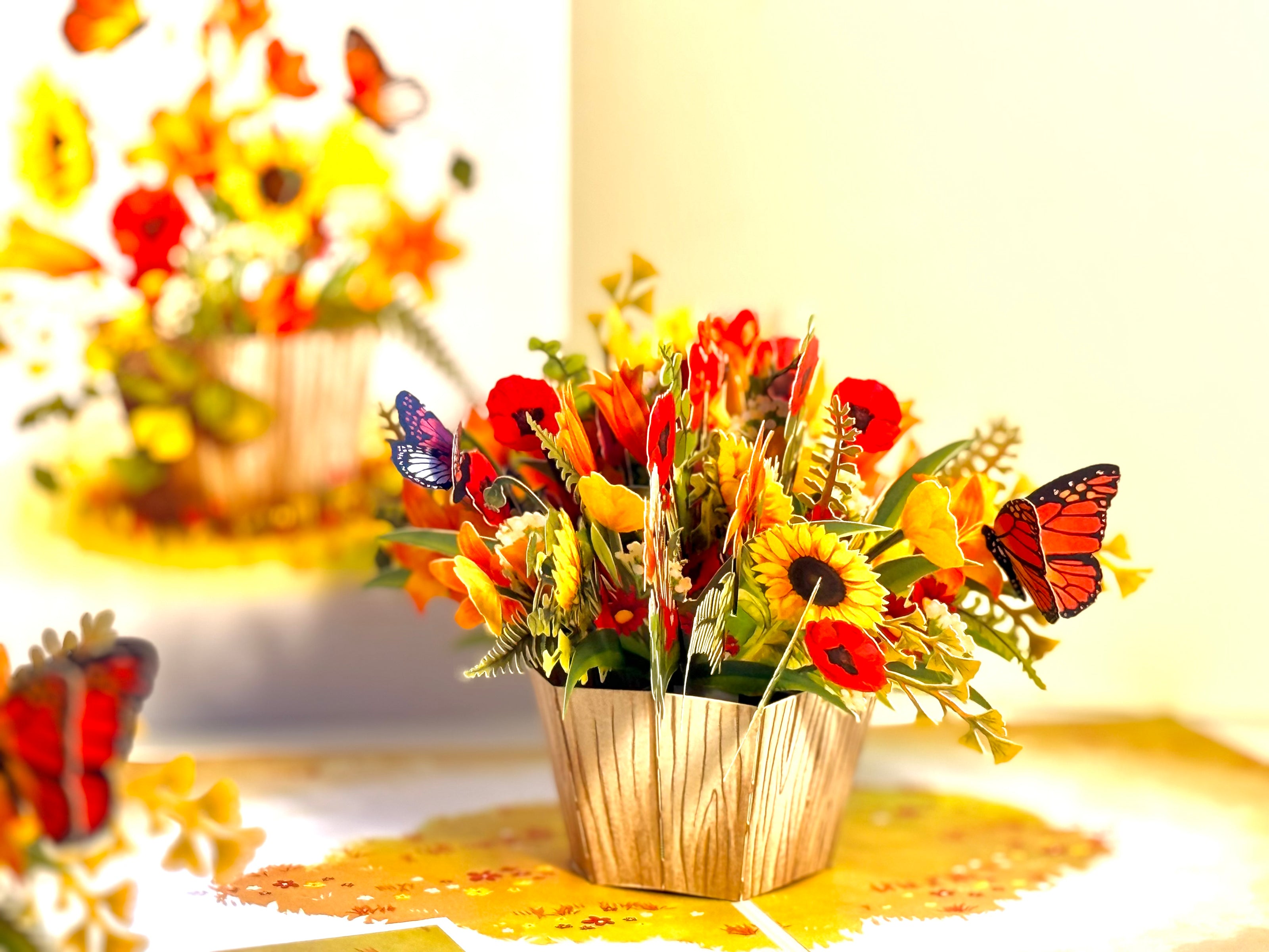 Autumn Flowers in Bucket with Butterflies Origami Pop Cards 3D Pop Up Greeting Card Happy Birthday Thank You Handmade Gift Thinking of You Blank Card for Any Occasion Happy Mother's Day Happy Father's Australiana Celebrate the Beauty of Autumn Flower
