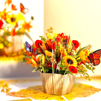 Autumn Flowers in Bucket with Butterflies Origami Pop Cards 3D Pop Up Greeting Card Happy Birthday Thank You Handmade Gift Thinking of You Blank Card for Any Occasion Happy Mother's Day Happy Father's Australiana Celebrate the Beauty of Autumn Flower
