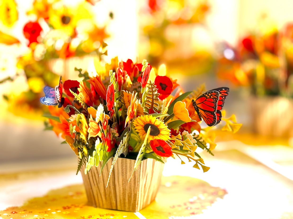 Autumn Flowers in Bucket with Butterflies Origami Pop Cards 3D Pop Up Greeting Card Happy Birthday Thank You Handmade Gift Thinking of You Blank Card for Any Occasion Happy Mother's Day Happy Father's Australiana Celebrate the Beauty of Autumn Flower
