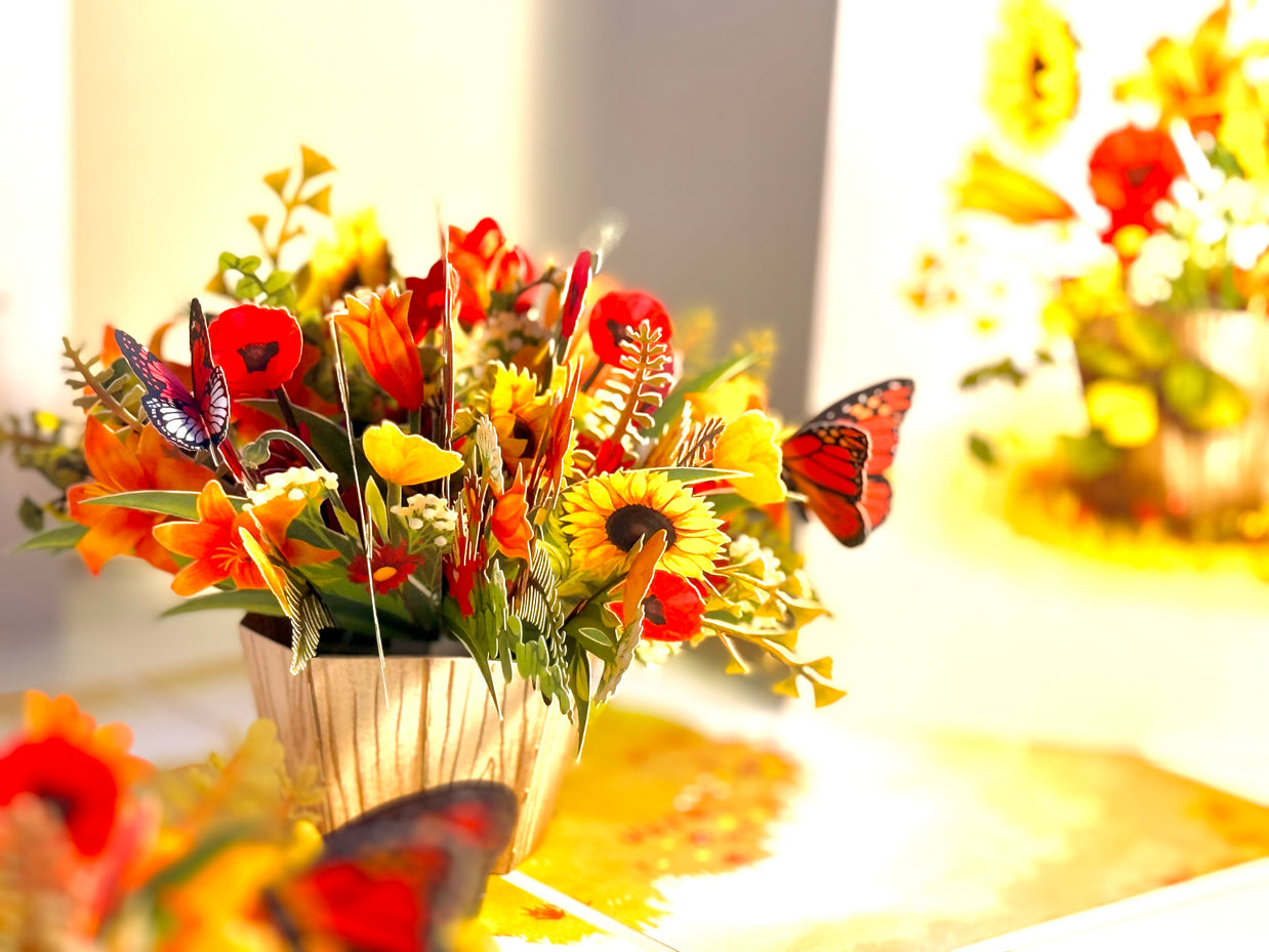 Autumn Flowers in Bucket with Butterflies Origami Pop Cards 3D Pop Up Greeting Card Happy Birthday Thank You Handmade Gift Thinking of You Blank Card for Any Occasion Happy Mother's Day Happy Father's Australiana Celebrate the Beauty of Autumn Flower