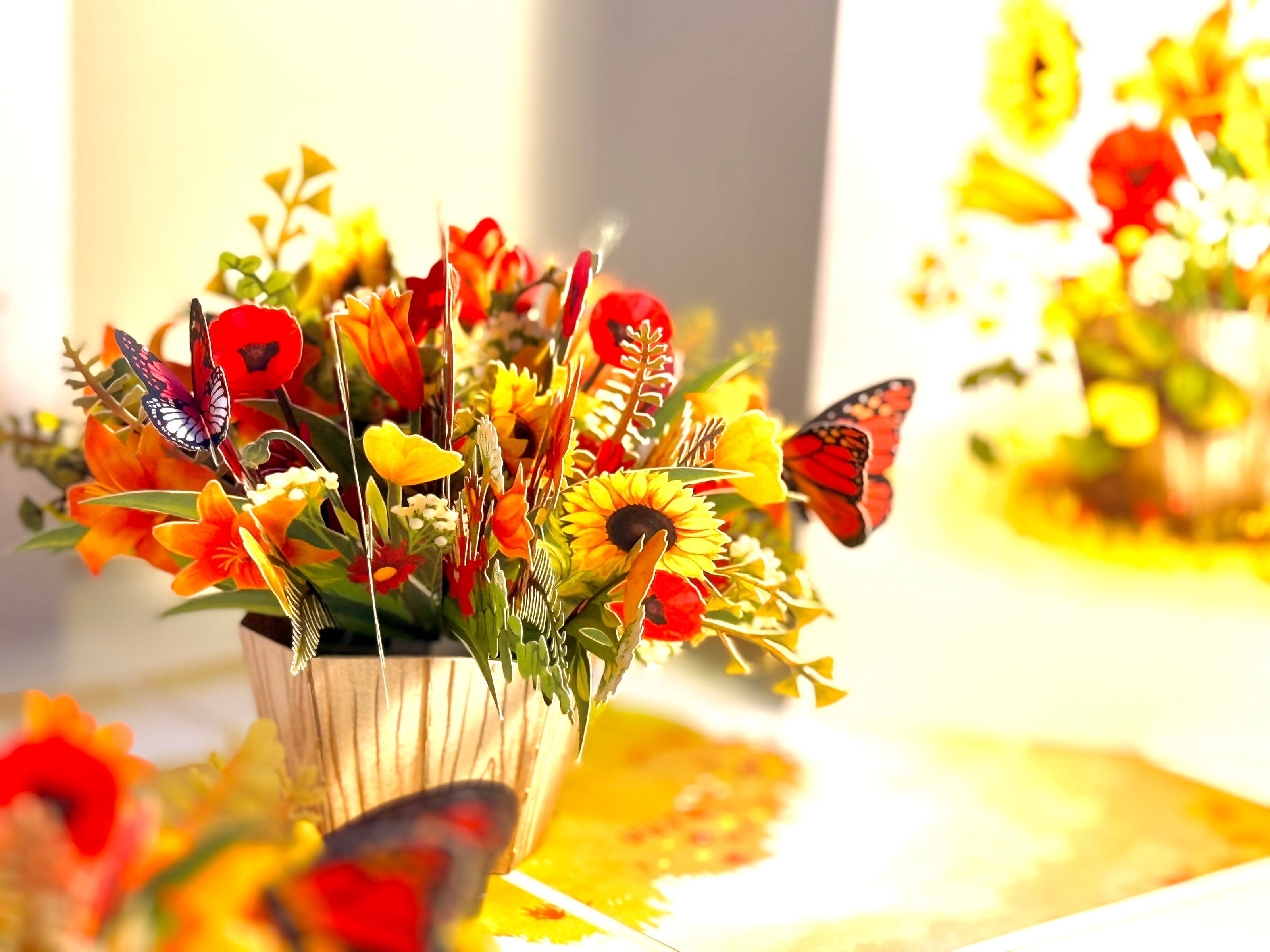 Autumn Flowers in Bucket with Butterflies Origami Pop Cards 3D Pop Up Greeting Card Happy Birthday Thank You Handmade Gift Thinking of You Blank Card for Any Occasion Happy Mother's Day Happy Father's Australiana Celebrate the Beauty of Autumn Flower