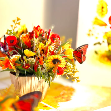 Autumn Flowers in Bucket with Butterflies Origami Pop Cards 3D Pop Up Greeting Card Happy Birthday Thank You Handmade Gift Thinking of You Blank Card for Any Occasion Happy Mother's Day Happy Father's Australiana Celebrate the Beauty of Autumn Flower