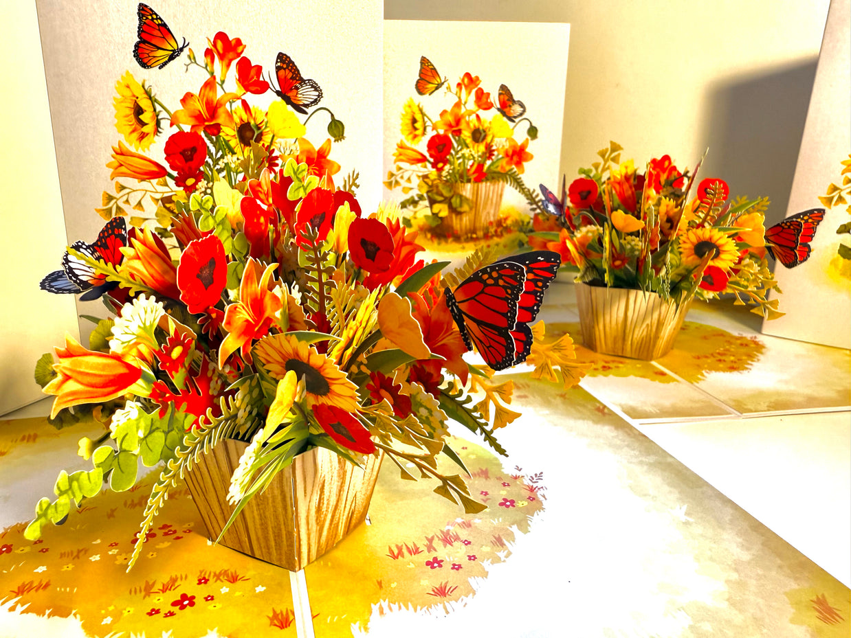 Autumn Flowers in Bucket with Butterflies Origami Pop Cards 3D Pop Up Greeting Card Happy Birthday Thank You Handmade Gift Thinking of You Blank Card for Any Occasion Happy Mother's Day Happy Father's Australiana Celebrate the Beauty of Autumn Flower