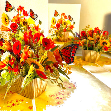 Autumn Flowers in Bucket with Butterflies Origami Pop Cards 3D Pop Up Greeting Card Happy Birthday Thank You Handmade Gift Thinking of You Blank Card for Any Occasion Happy Mother's Day Happy Father's Australiana Celebrate the Beauty of Autumn Flower