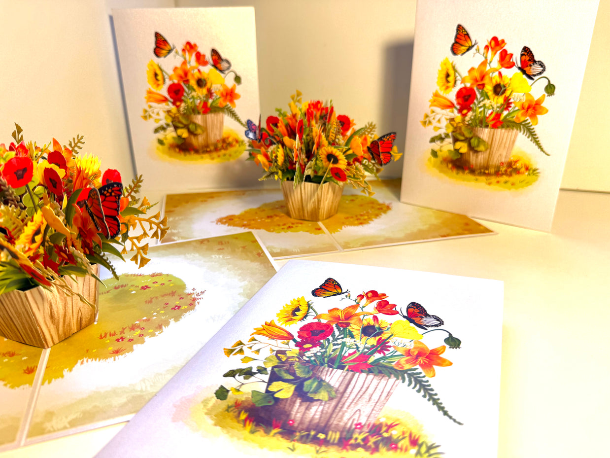 Autumn Flowers in Bucket with Butterflies Origami Pop Cards 3D Pop Up Greeting Card Happy Birthday Thank You Handmade Gift Thinking of You Blank Card for Any Occasion Happy Mother's Day Happy Father's Australiana Celebrate the Beauty of Autumn Flower