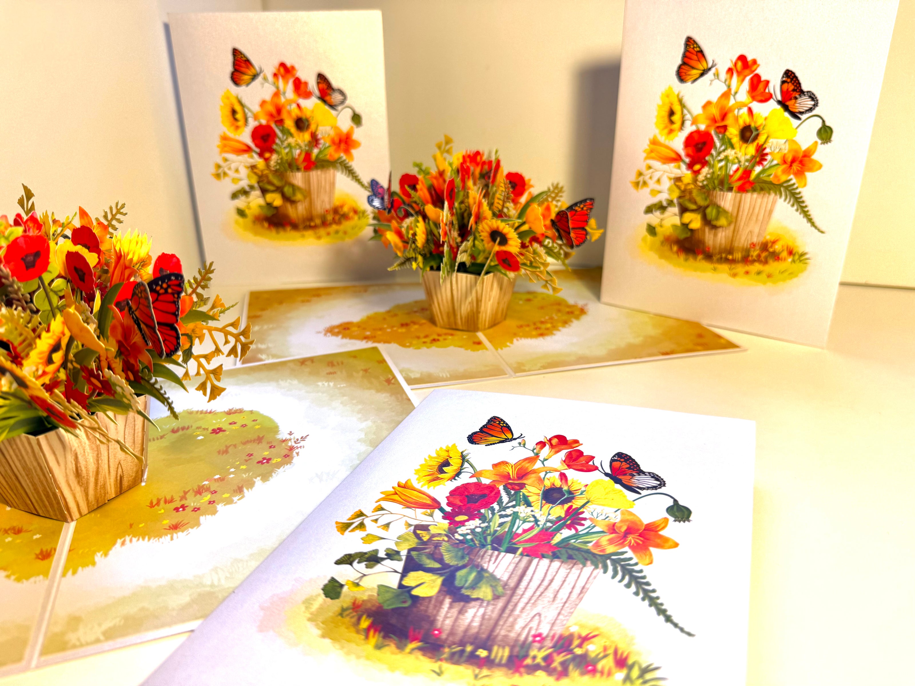 Autumn Flowers in Bucket with Butterflies Origami Pop Cards 3D Pop Up Greeting Card Happy Birthday Thank You Handmade Gift Thinking of You Blank Card for Any Occasion Happy Mother's Day Happy Father's Australiana Celebrate the Beauty of Autumn Flower