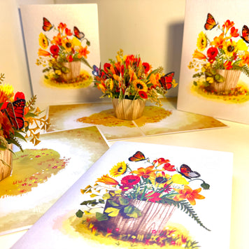 Autumn Flowers in Bucket with Butterflies Origami Pop Cards 3D Pop Up Greeting Card Happy Birthday Thank You Handmade Gift Thinking of You Blank Card for Any Occasion Happy Mother's Day Happy Father's Australiana Celebrate the Beauty of Autumn Flower